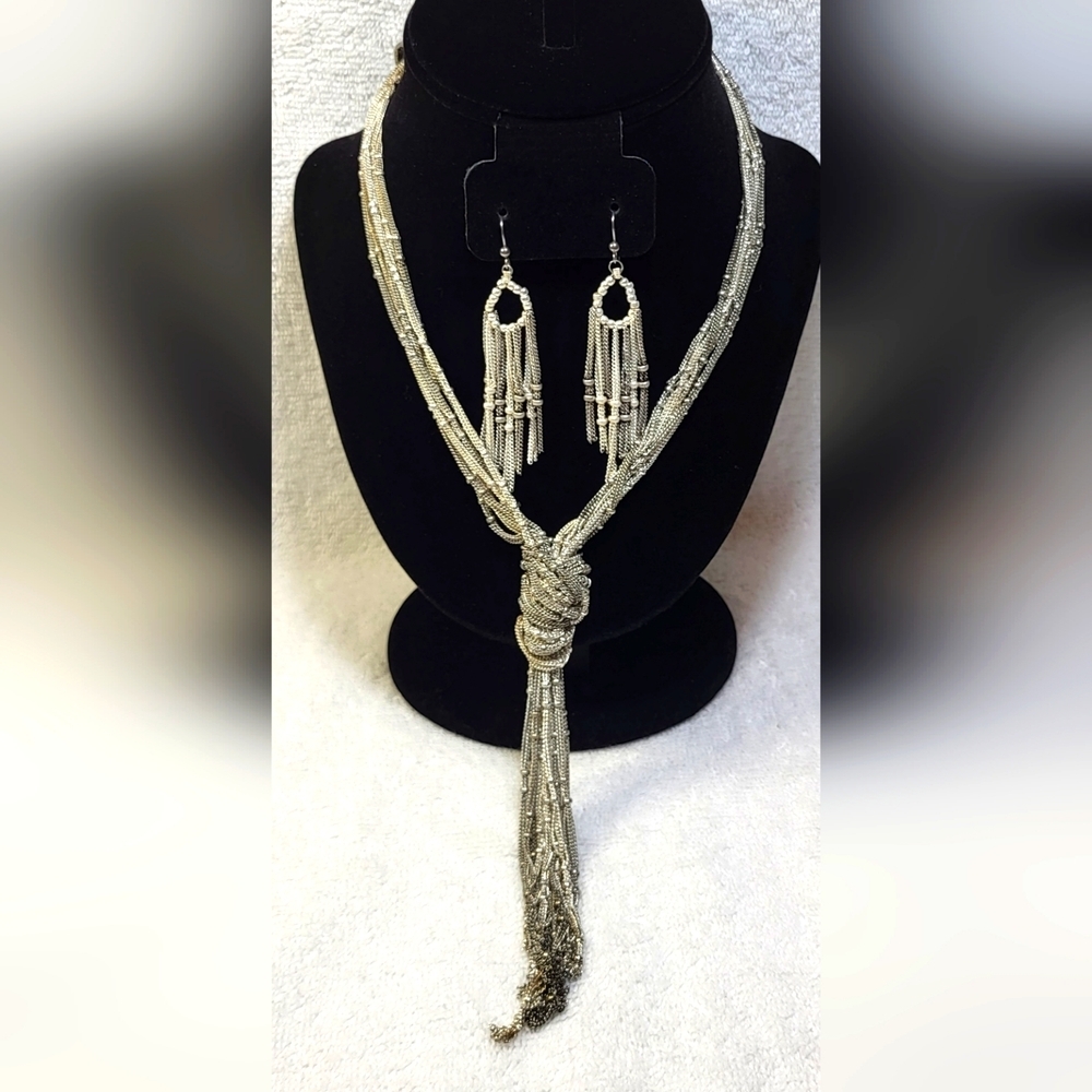 CHICO'S Silver Beaded Chain Necklace and Dangle Earrings Set / Pierced